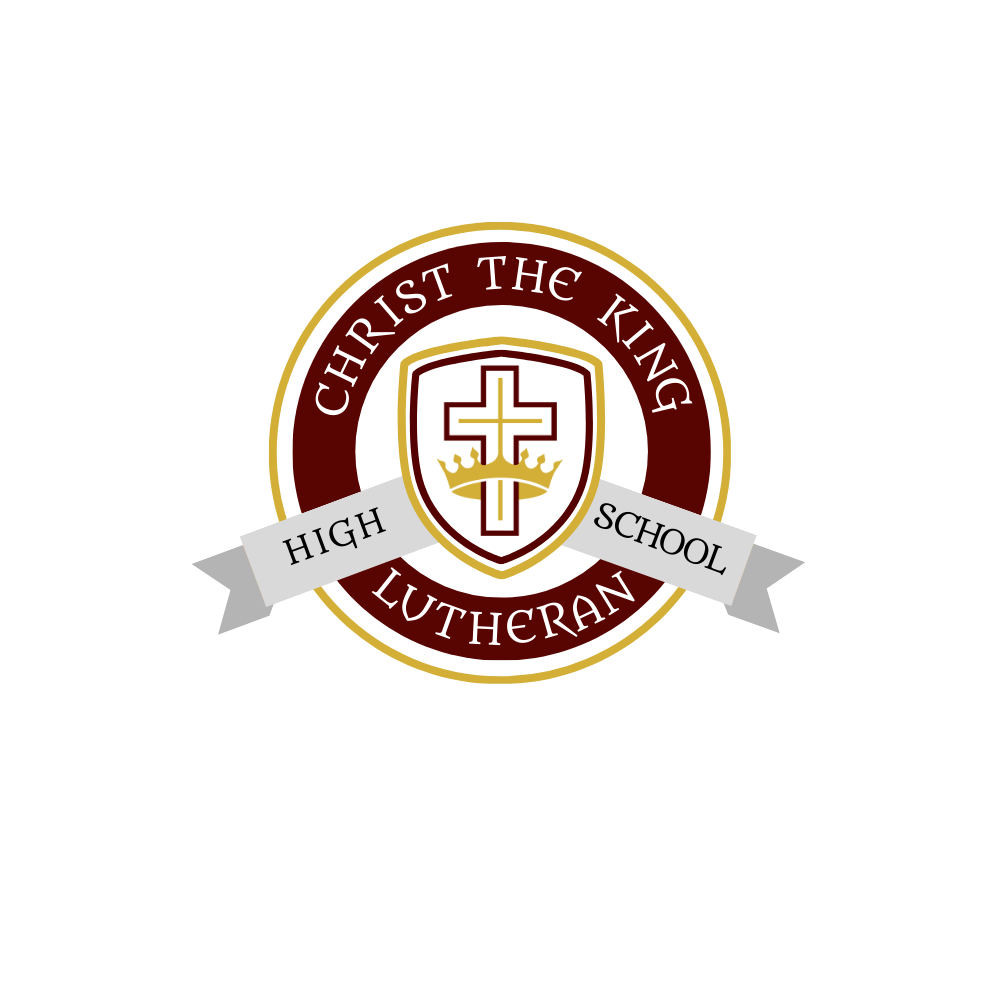 Christ The King Lutheran High School logo with a cross, crown, and school name.