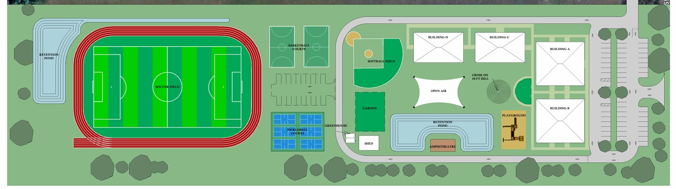 Park map with fields and buildings layout.
