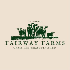 Fairway Farms logo featuring cows in a field. Text: Fairway Farms, Grass Fed-Grass Finished.