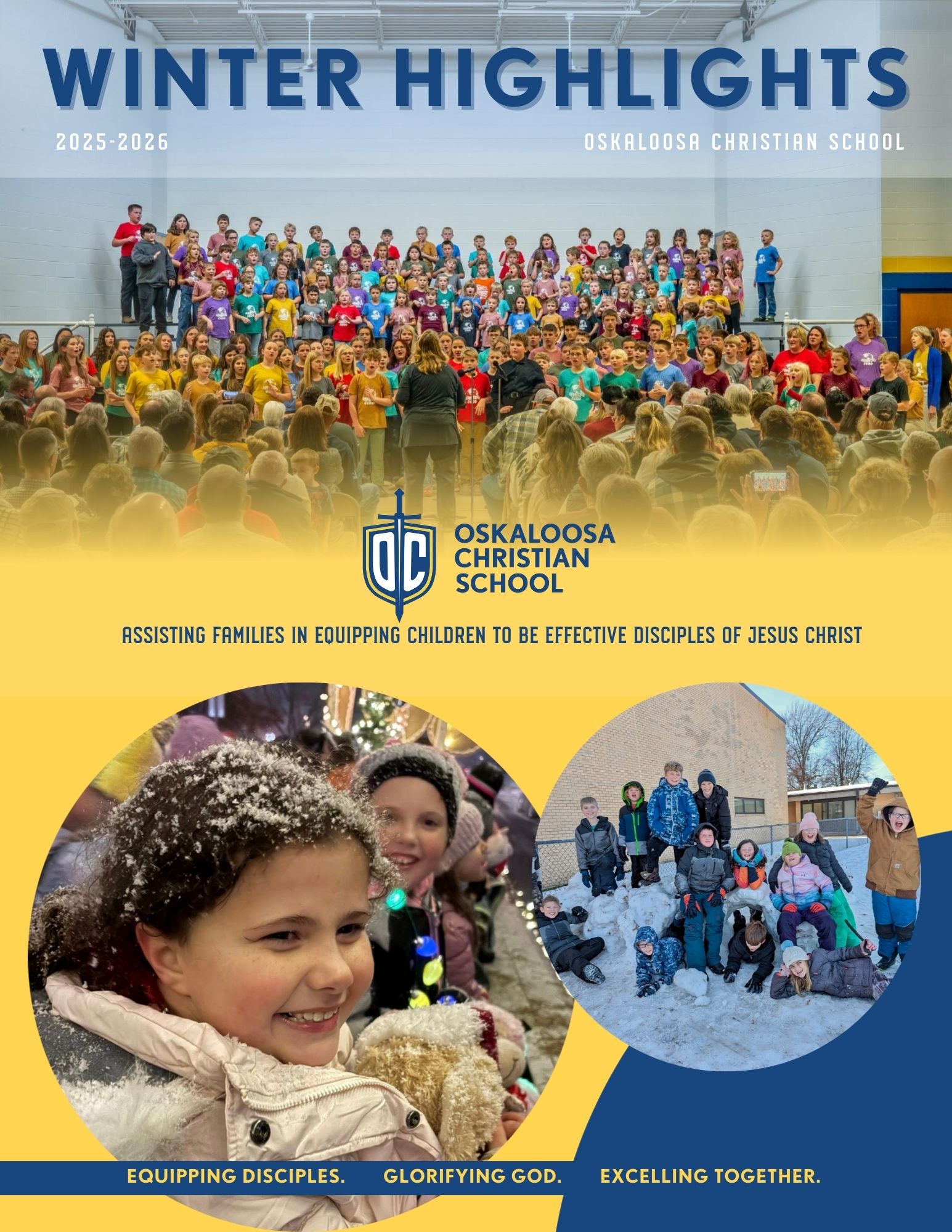 Oskaloosa Christian School's 2025-2026 Winter Highlights featuring students in group photos and winter activities.