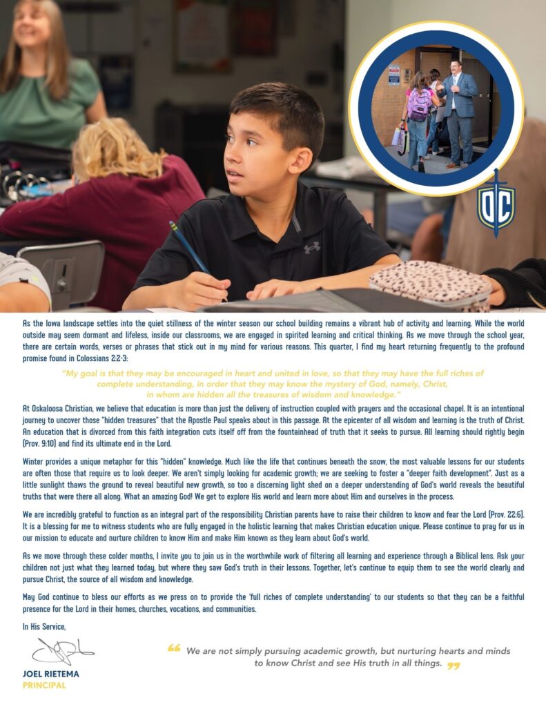 Student concentrating in class at Oskaloosa Christian School. Winter 25/26 Crusader Highlights.