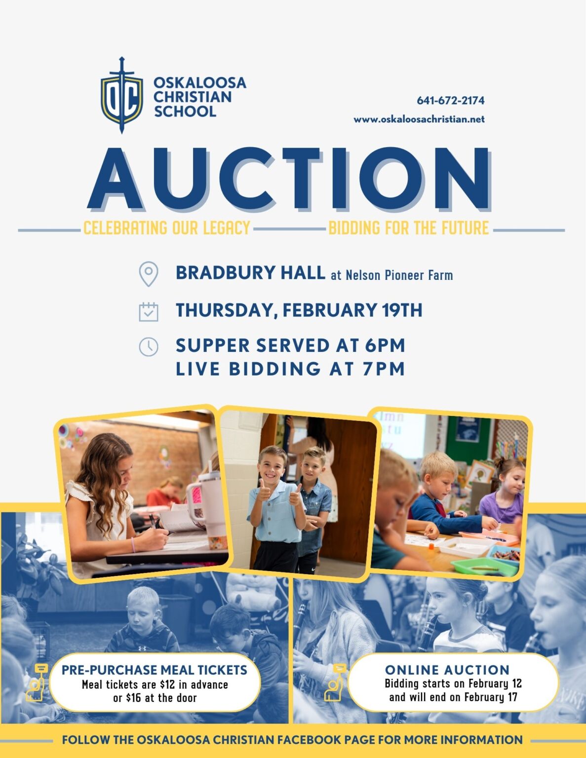 Oskaloosa Christian School Auction flyer: Bradbury Hall, Feb 19th, plus online bidding.
