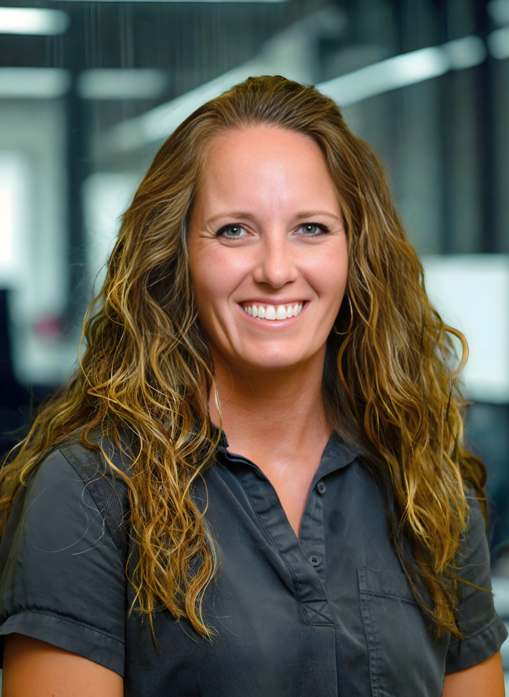 Smiling woman with long curly hair wearing a gray shirt.