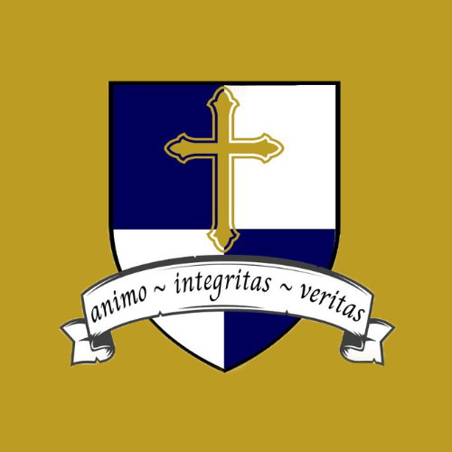 School crest with a cross and the Latin motto animo integritas veritas.