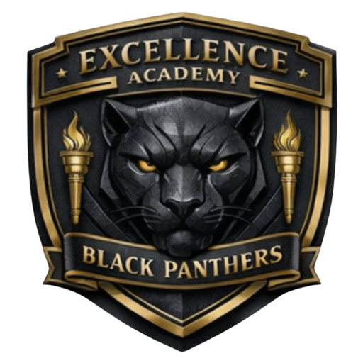 Excellence Academy Black Panthers logo with a panther and torches