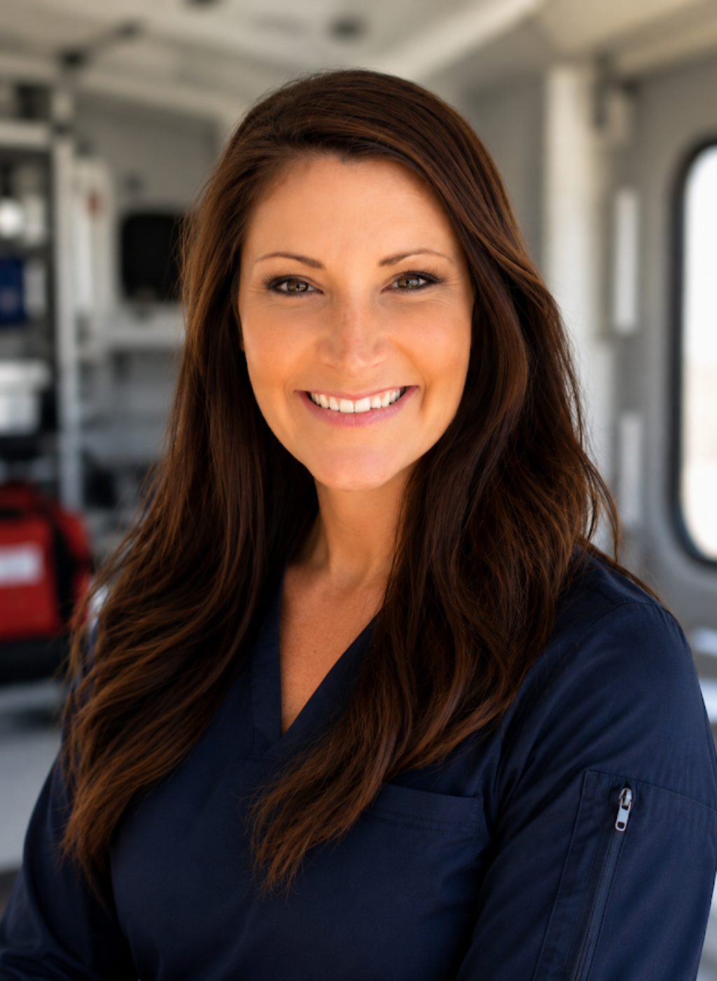 Stephanie Crabtree, a smiling healthcare professional in navy blue scrubs