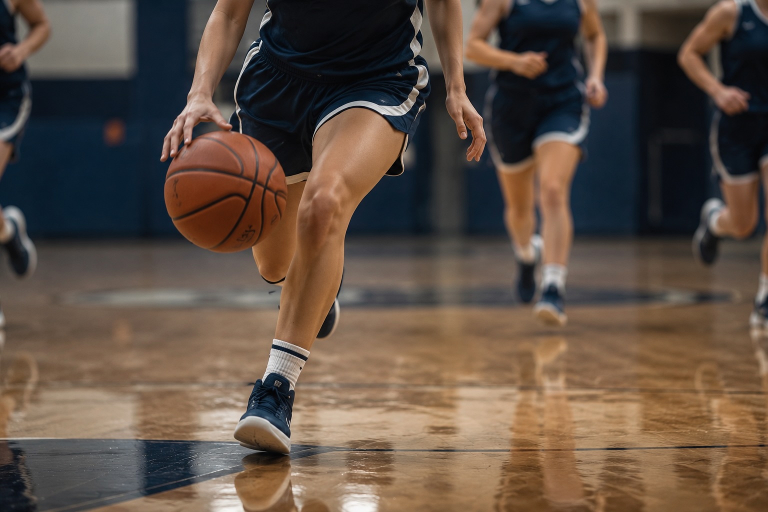 Franklin Christian High School basketball player dribbling during sports practice.