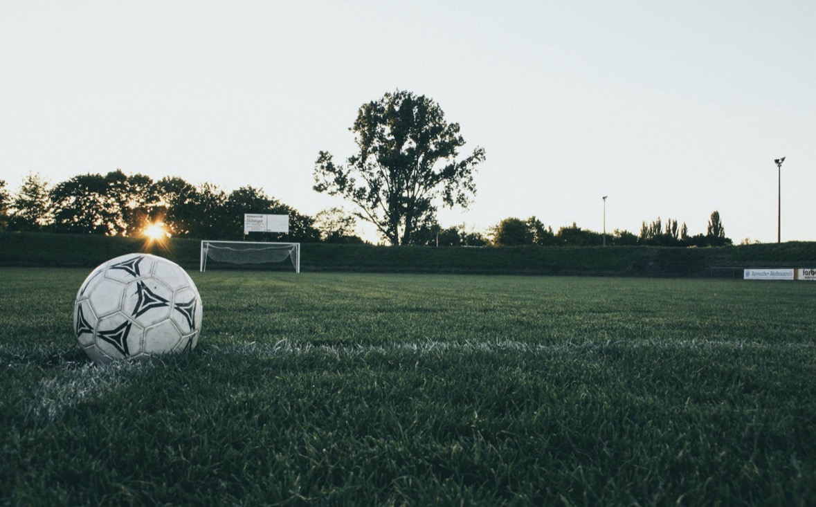 Soccer ball on a grassy field with a goal and trees at sunset.
