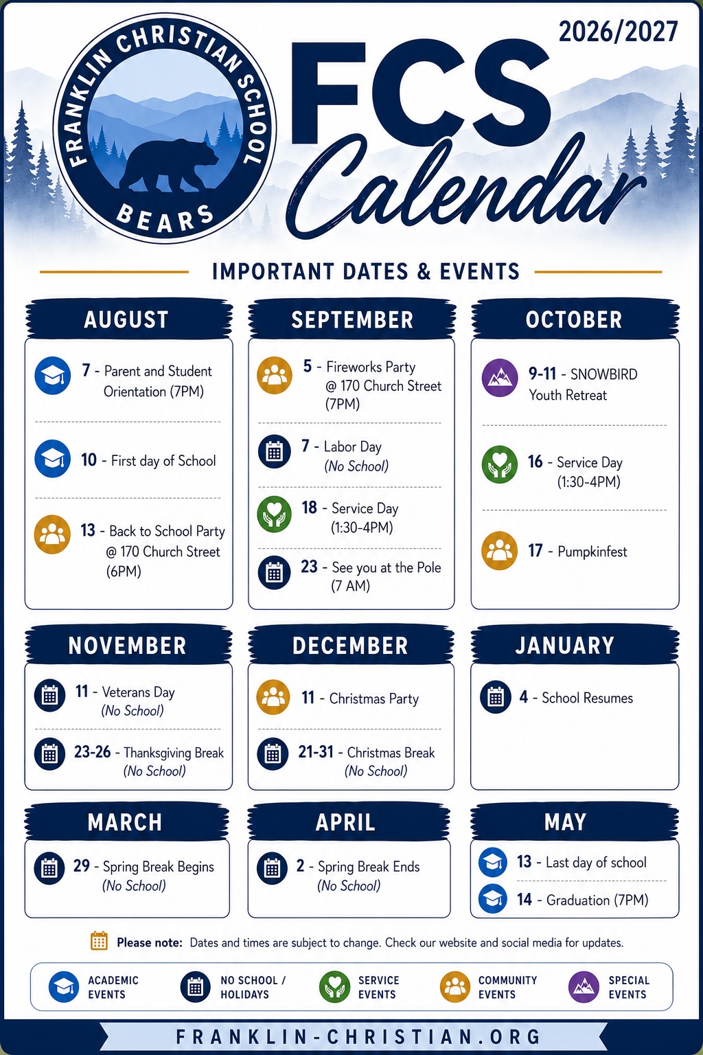 Franklin Christian School 2026-2027 calendar with important dates & events.